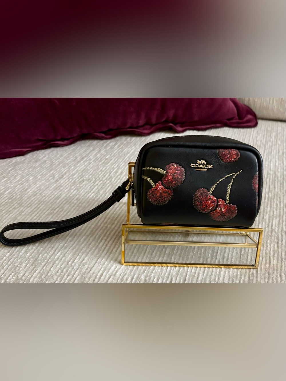 Coach Cherry Print Smooth Leather Pouch Wristlet Black Multi Like New